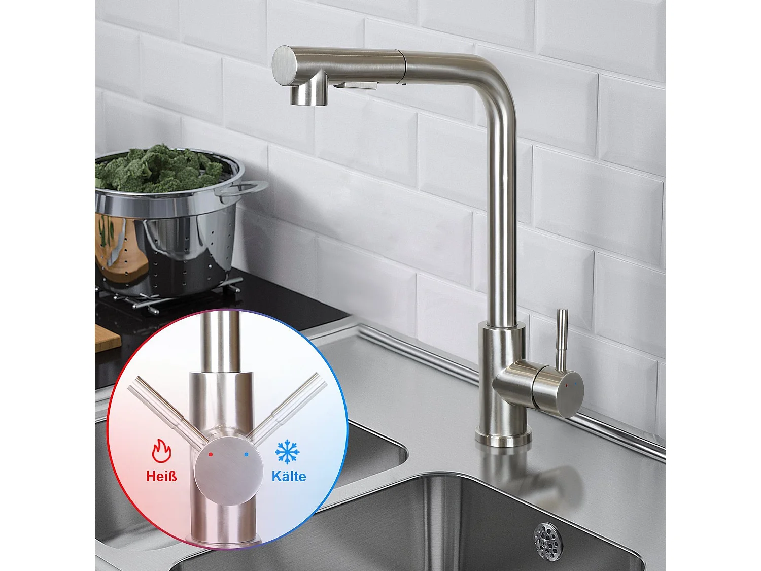 NETTLIFE Bateria umywalkowa Wysuwana bateria umywalkowa Obrotowa 360° Stal nierdzewna z 2 rodzajami strumienia