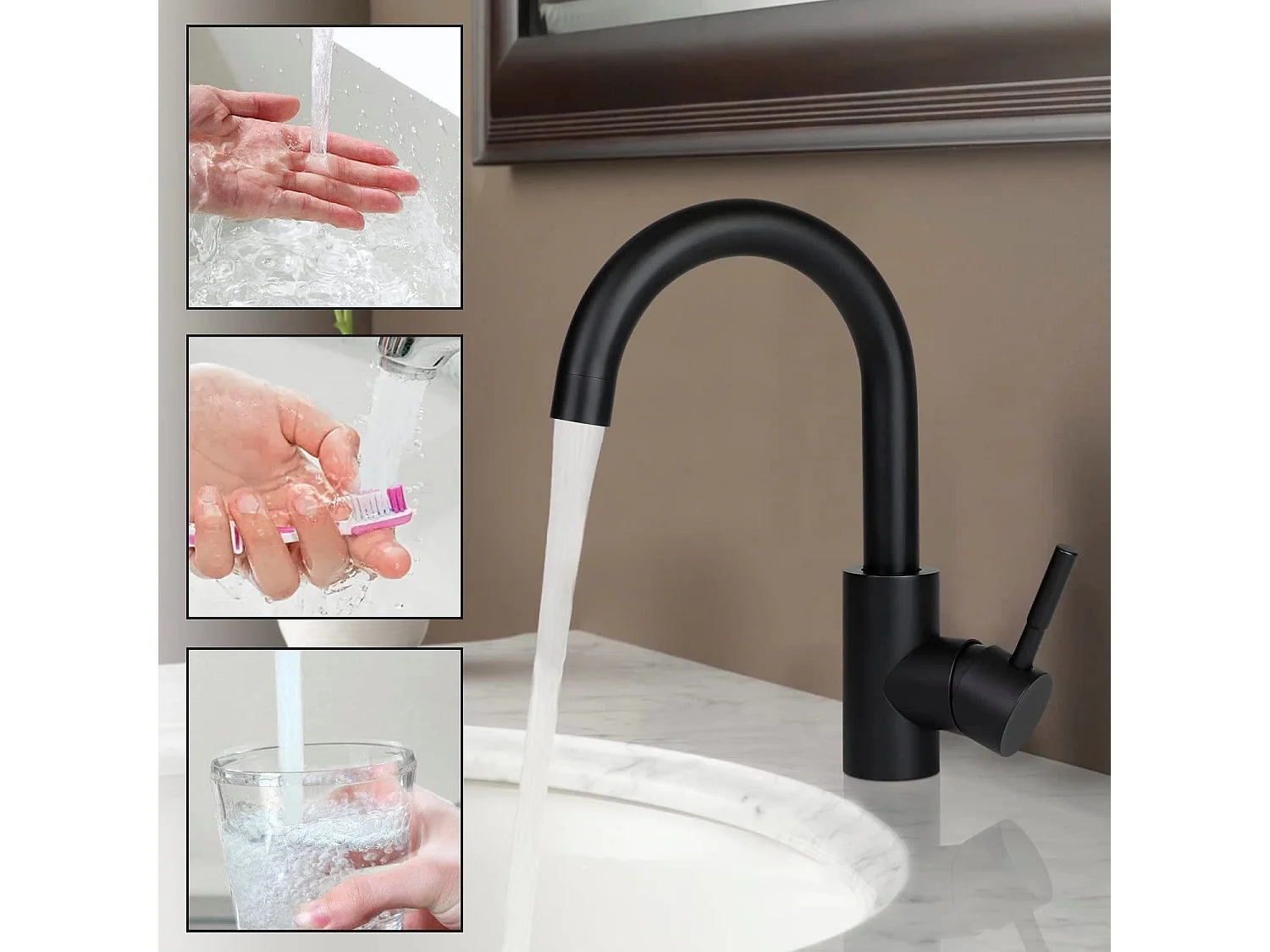 NETTLIFE Wasserhahn Bad Waschtischarmatur Waschbecken - Armatur Schwarz Warm- und Kaltwasserhahn 360° Drehbar Hochdruck Edelstahl