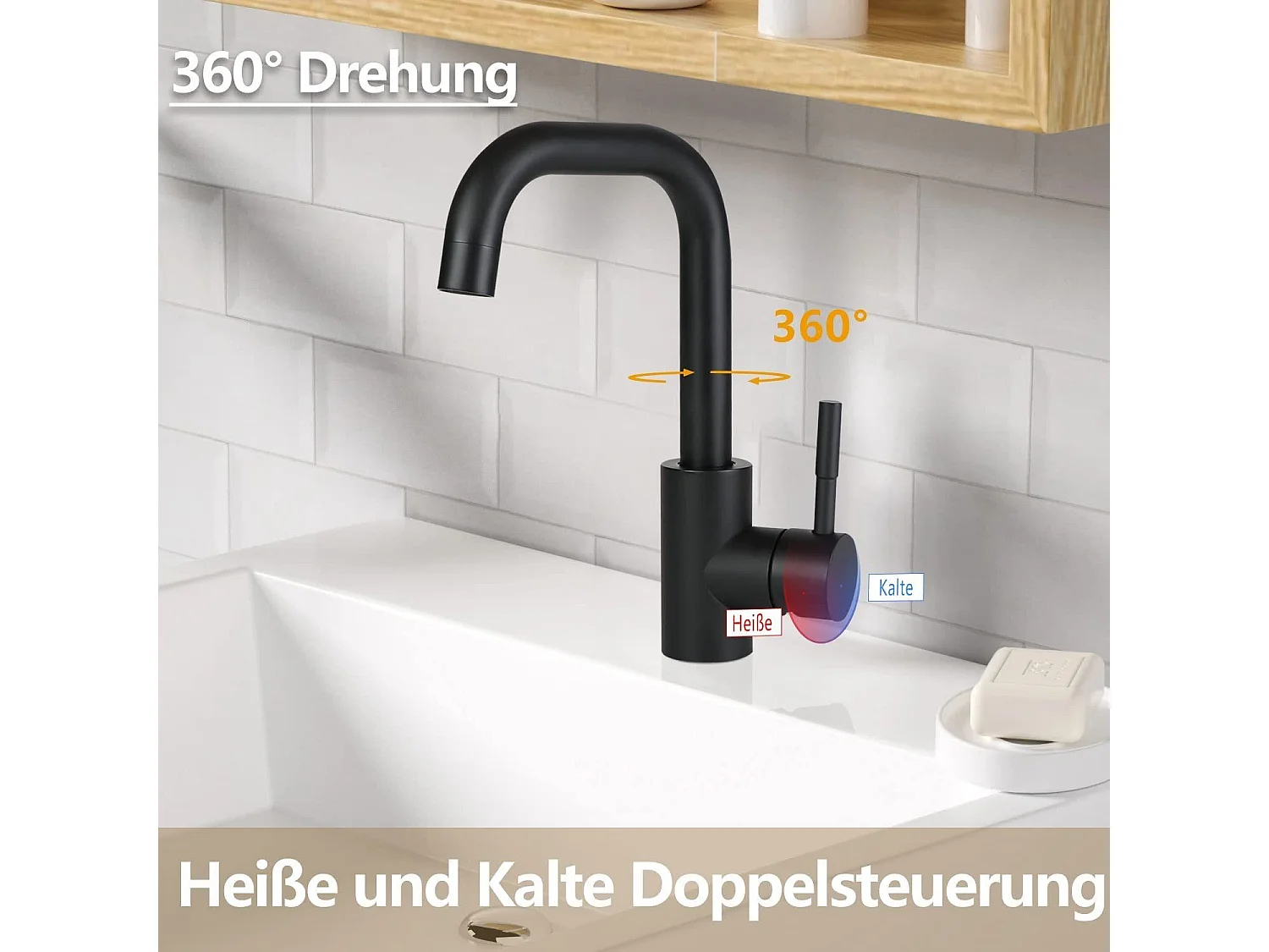 NETTLIFE Wasserhahn Bad Waschtischarmatur Waschbecken Schwarz Matt - Armatur 360°Drehbar Kalt- Warmwasserhahn Hochdruck Mischbatterie