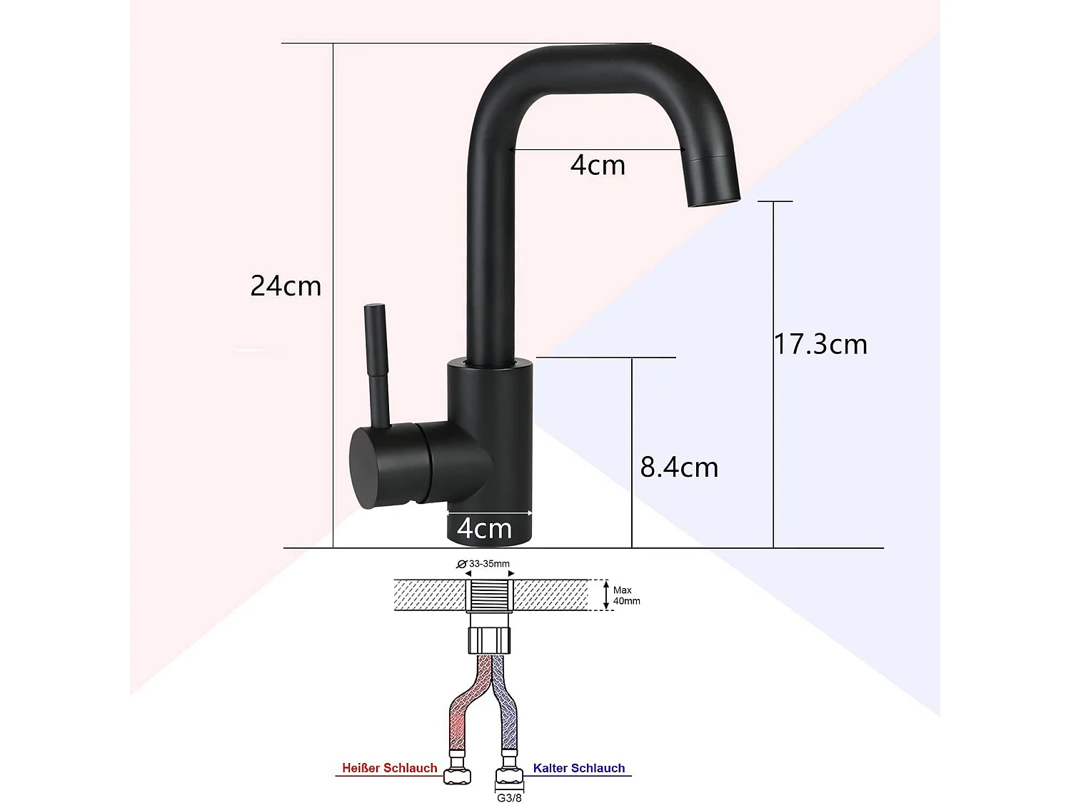 NETTLIFE Wasserhahn Bad Waschtischarmatur Waschbecken Schwarz Matt - Armatur 360°Drehbar Kalt- Warmwasserhahn Hochdruck Mischbatterie