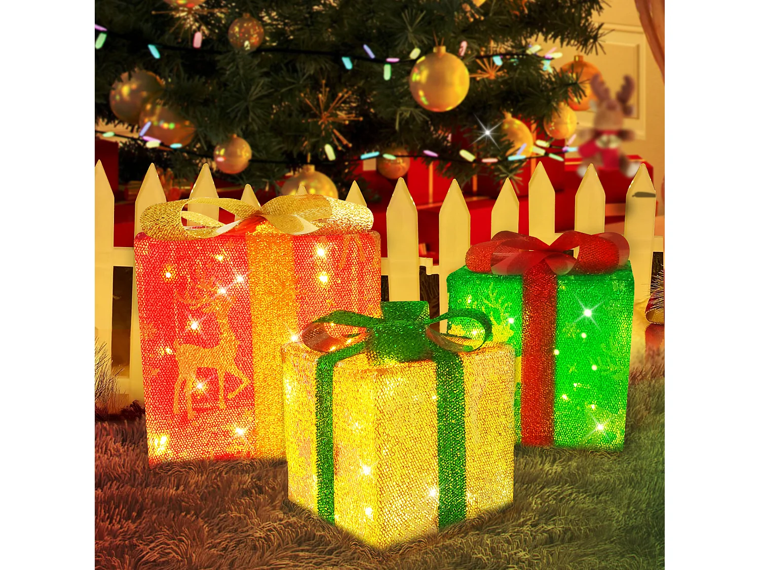 NETTLIFE Coffret cadeau LED décoration de Noël lot de 3 boîtes de Noël avec télécommande à l'intérieur batterie d'éclairage 50 LED