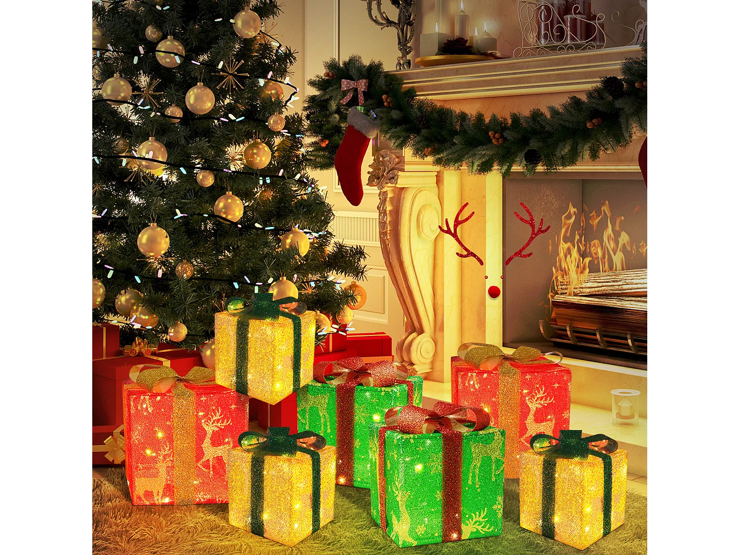 NETTLIFE Coffret cadeau LED décoration de Noël lot de 3 boîtes de Noël avec télécommande à l'intérieur batterie d'éclairage 50 LED