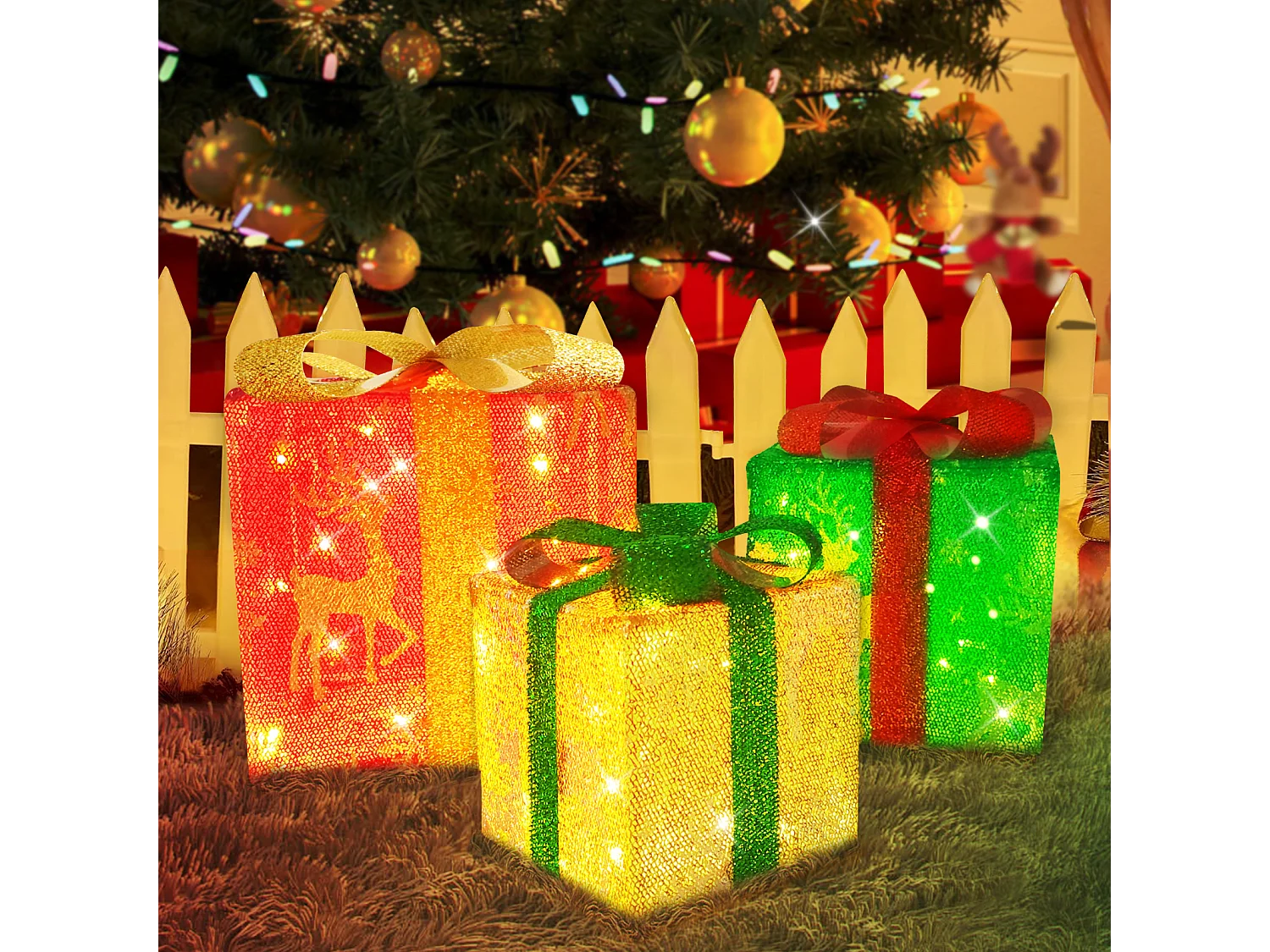 NETTLIFE Coffret cadeau LED décoration de Noël lot de 3 boîtes de Noël avec télécommande à l'intérieur batterie d'éclairage 50 LED