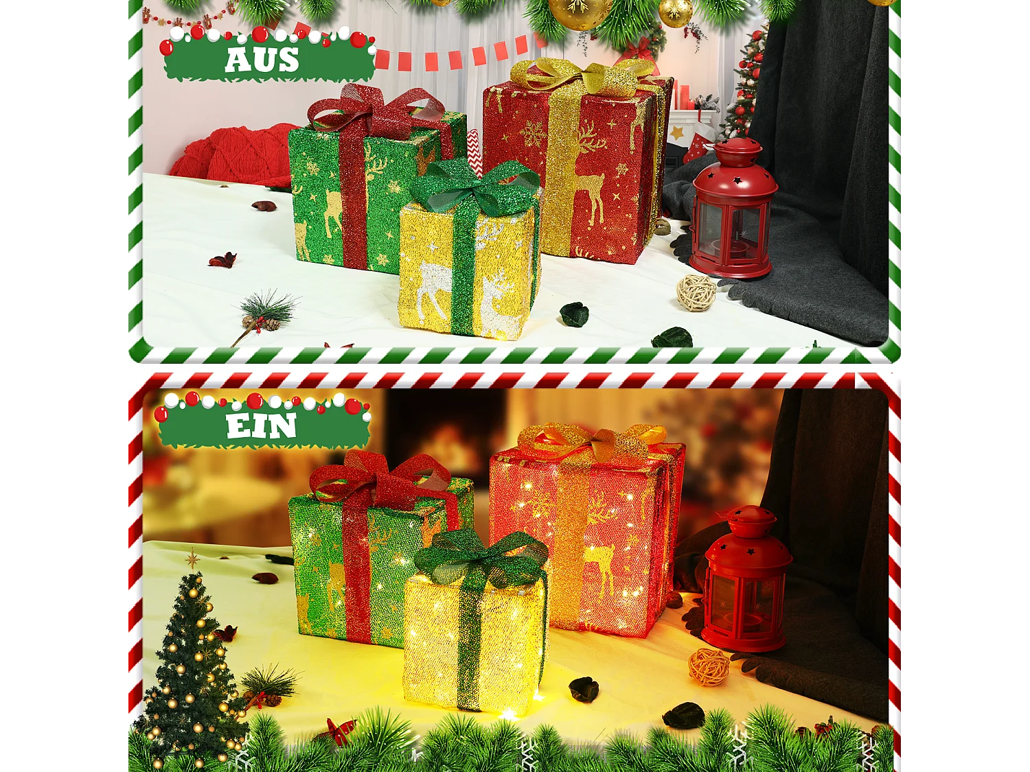 NETTLIFE Coffret cadeau LED décoration de Noël lot de 3 boîtes de Noël avec télécommande à l'intérieur batterie d'éclairage 50 LED