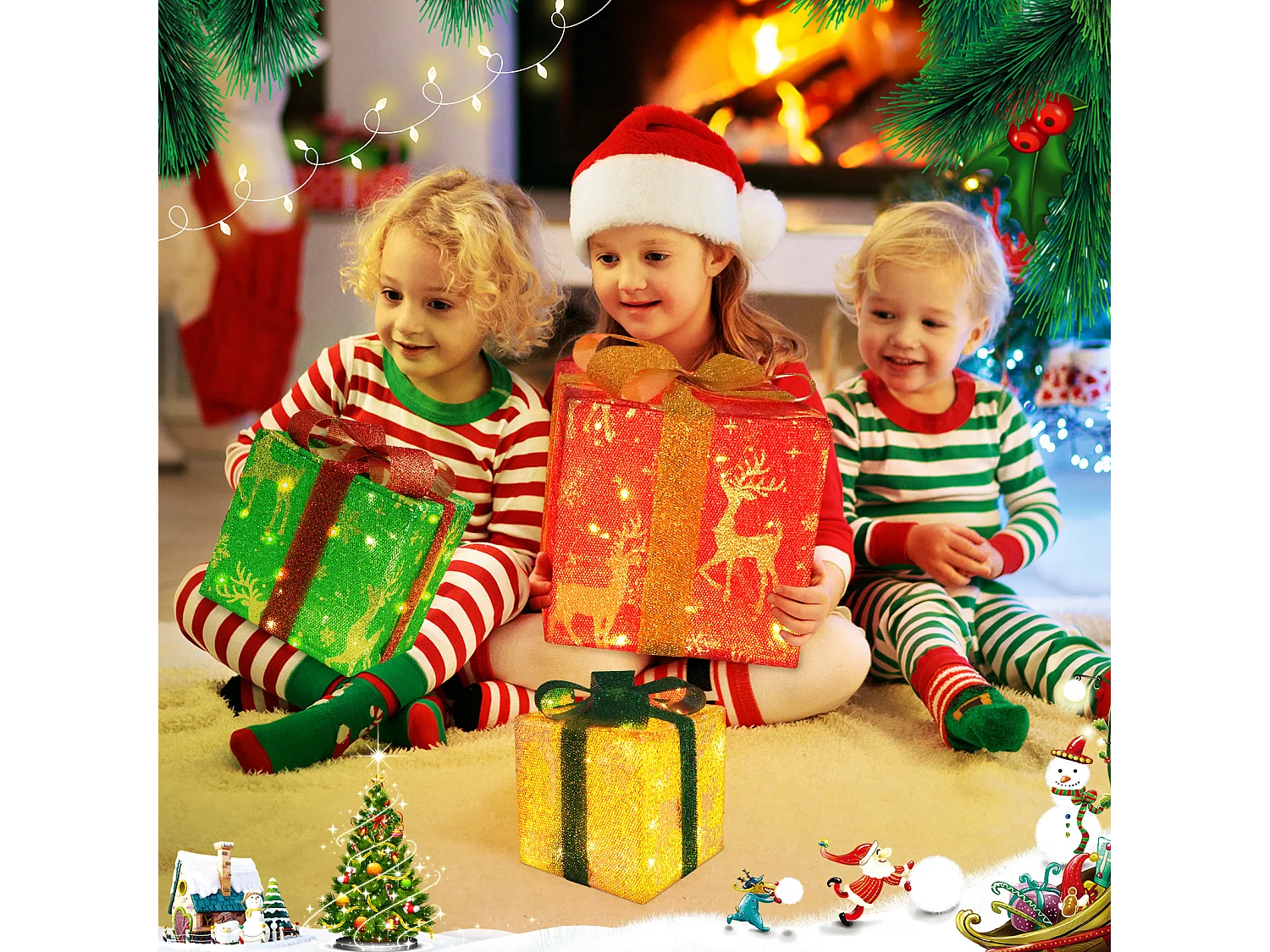 NETTLIFE Coffret cadeau LED décoration de Noël lot de 3 boîtes de Noël avec télécommande à l'intérieur batterie d'éclairage 50 LED