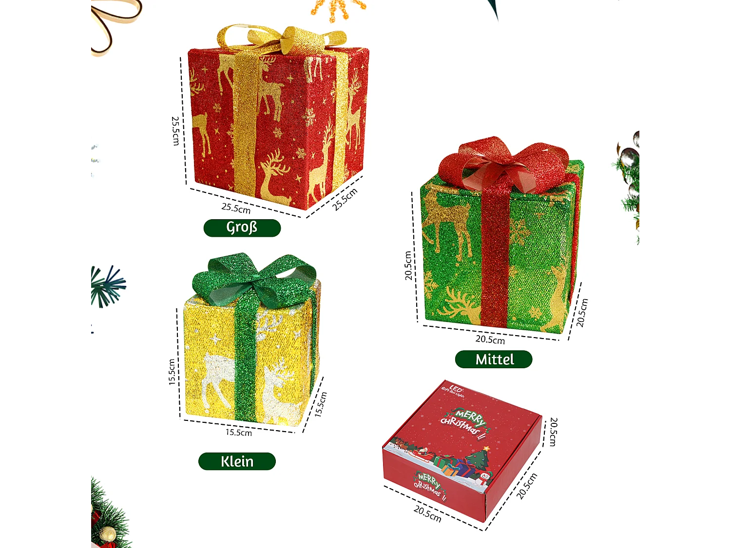 NETTLIFE Coffret cadeau LED décoration de Noël lot de 3 boîtes de Noël avec télécommande à l'intérieur batterie d'éclairage 50 LED