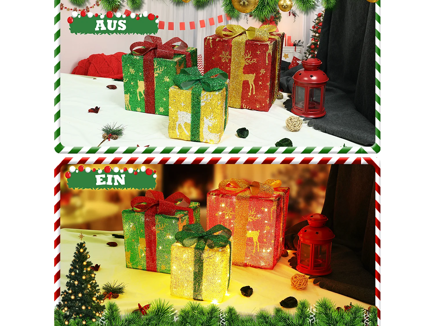 Nettlife Coffret cadeau LED décoration de Noël lot de 3 boîtes de Noël avec télécommande à l'intérieur batterie d'éclairage 50 LED – 15,5 cm 20,5 cm 25,5 cm