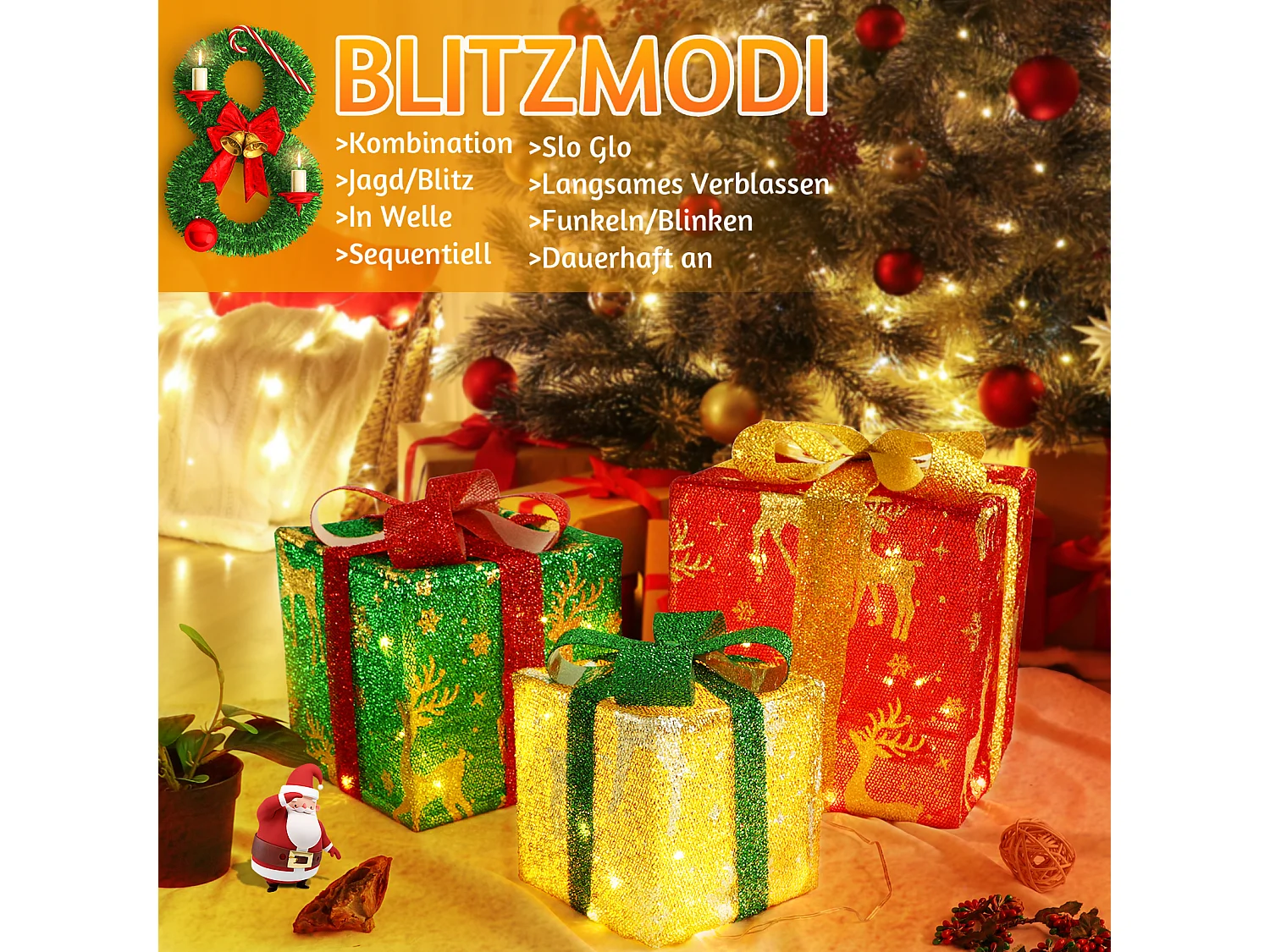 Nettlife Coffret cadeau LED décoration de Noël lot de 3 boîtes de Noël avec télécommande à l'intérieur batterie d'éclairage 50 LED – 15,5 cm 20,5 cm 25,5 cm