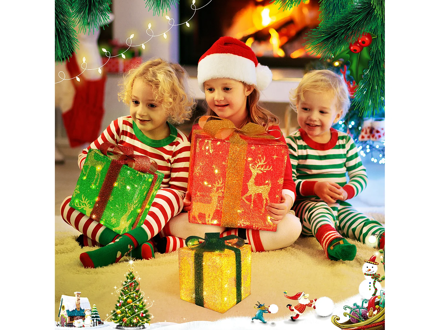 Nettlife Coffret cadeau LED décoration de Noël lot de 3 boîtes de Noël avec télécommande à l'intérieur batterie d'éclairage 50 LED – 15,5 cm 20,5 cm 25,5 cm