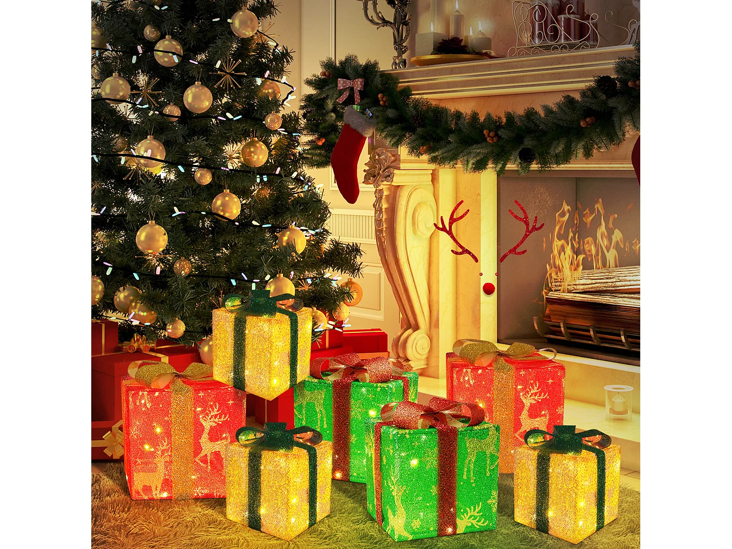 Nettlife Coffret cadeau LED décoration de Noël lot de 3 boîtes de Noël avec télécommande à l'intérieur batterie d'éclairage 50 LED – 15,5 cm 20,5 cm 25,5 cm