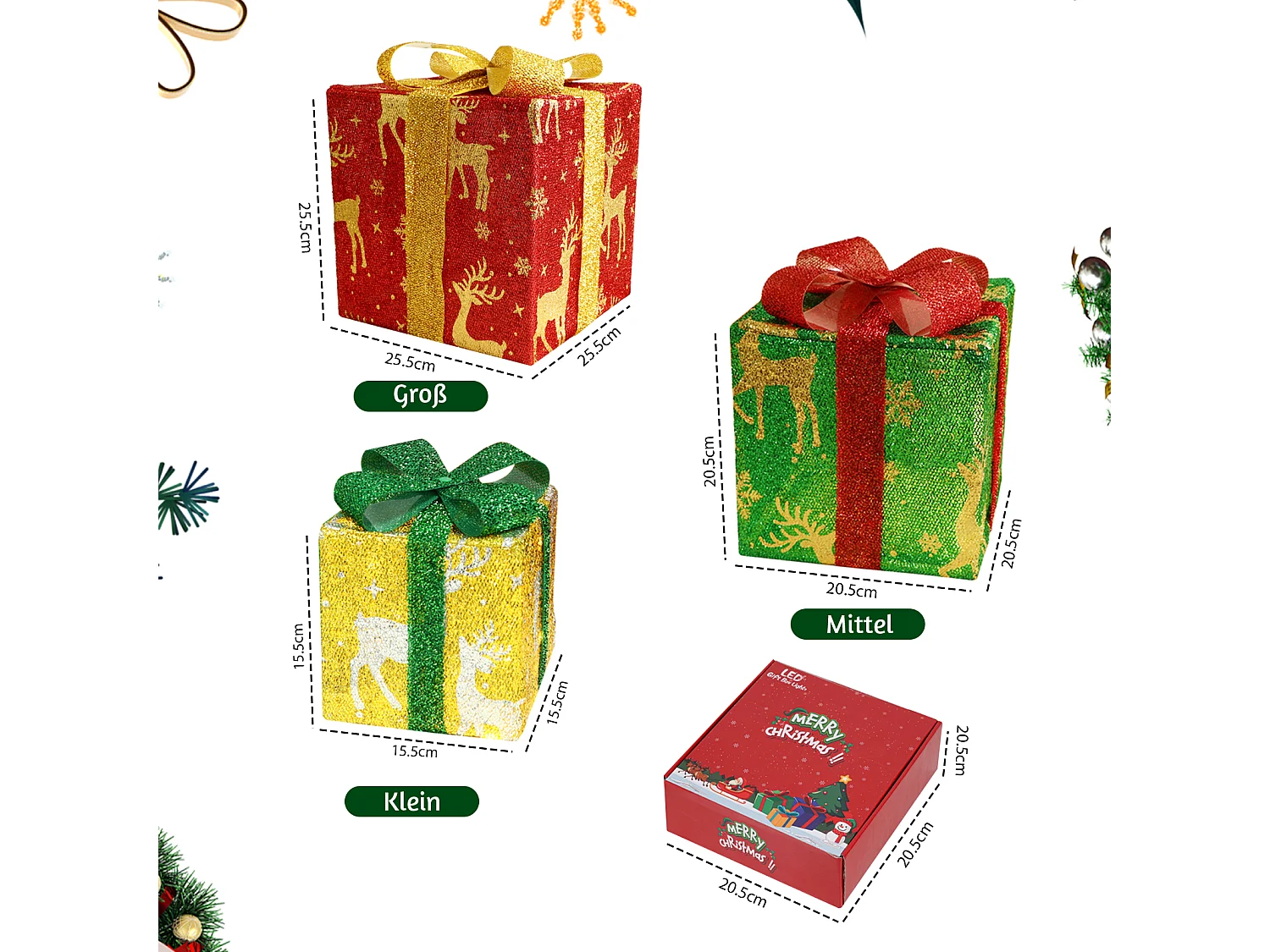 Nettlife Coffret cadeau LED décoration de Noël lot de 3 boîtes de Noël avec télécommande à l'intérieur batterie d'éclairage 50 LED – 15,5 cm 20,5 cm 25,5 cm