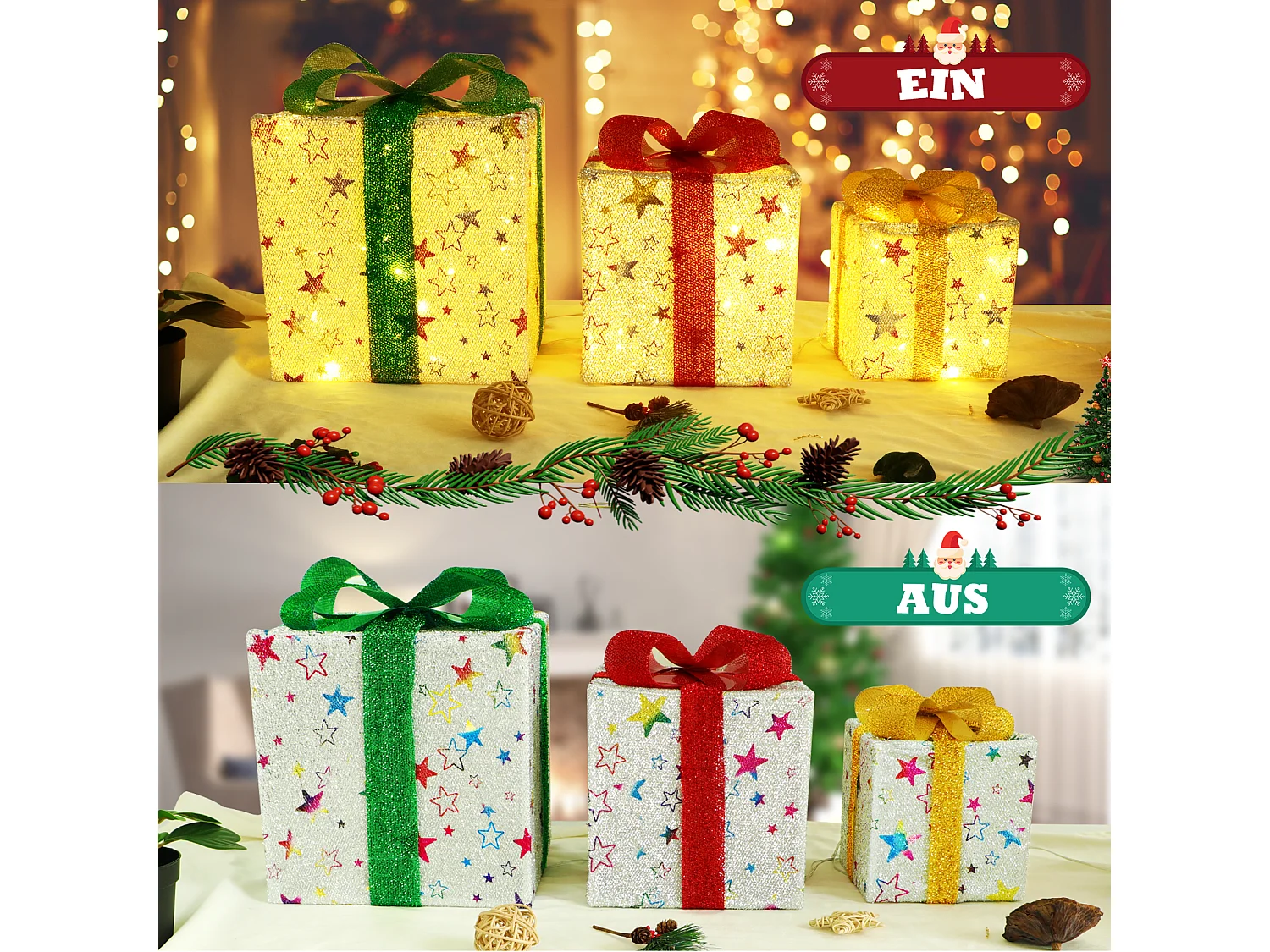 NETTLIFE Coffret cadeau LED décoration de Noël : lot de 3 boîtes de Noël à l'intérieur avec télécommande poinsettia illuminé batterie 50 LED