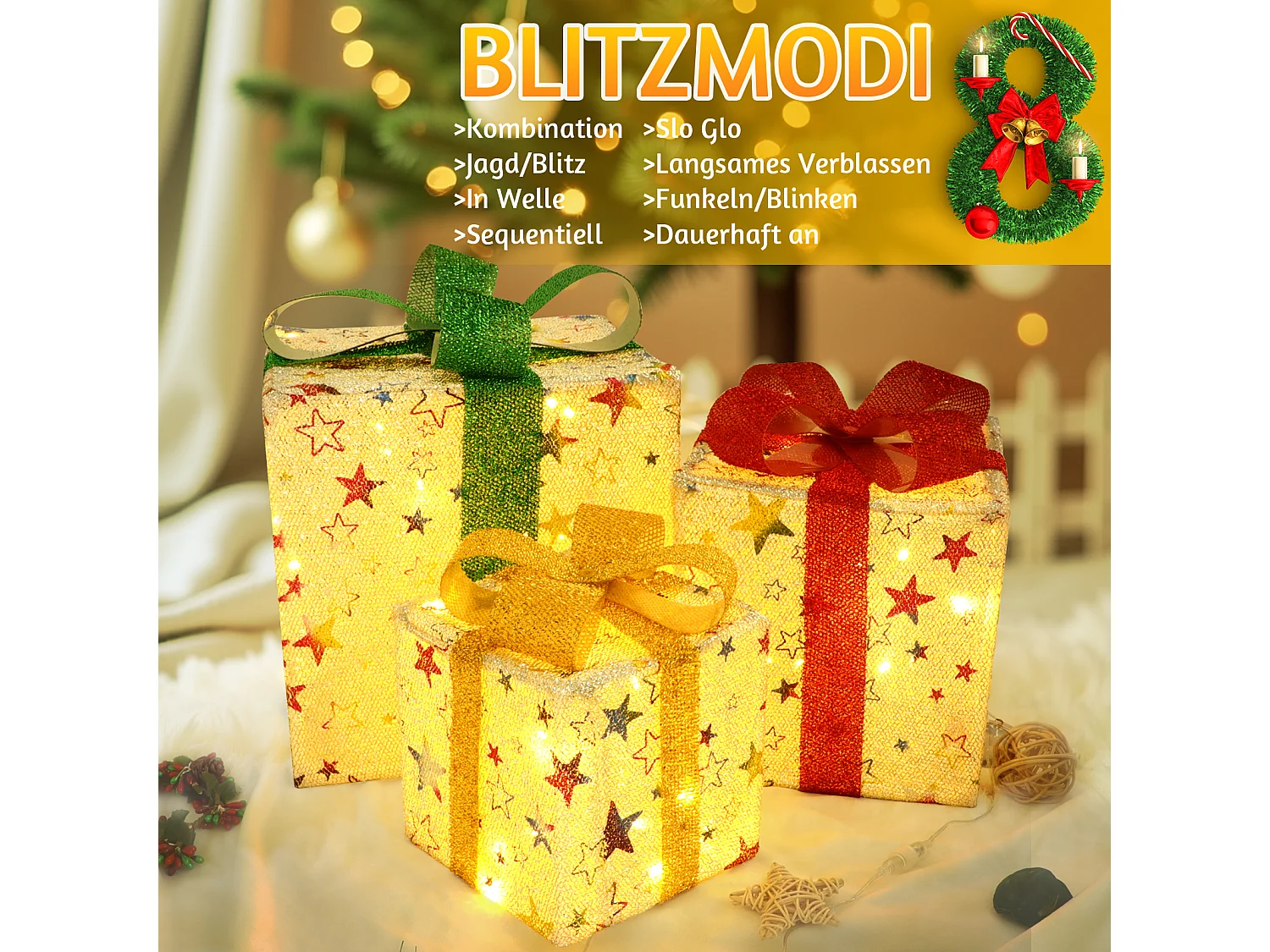 NETTLIFE Coffret cadeau LED décoration de Noël : lot de 3 boîtes de Noël à l'intérieur avec télécommande poinsettia illuminé batterie 50 LED