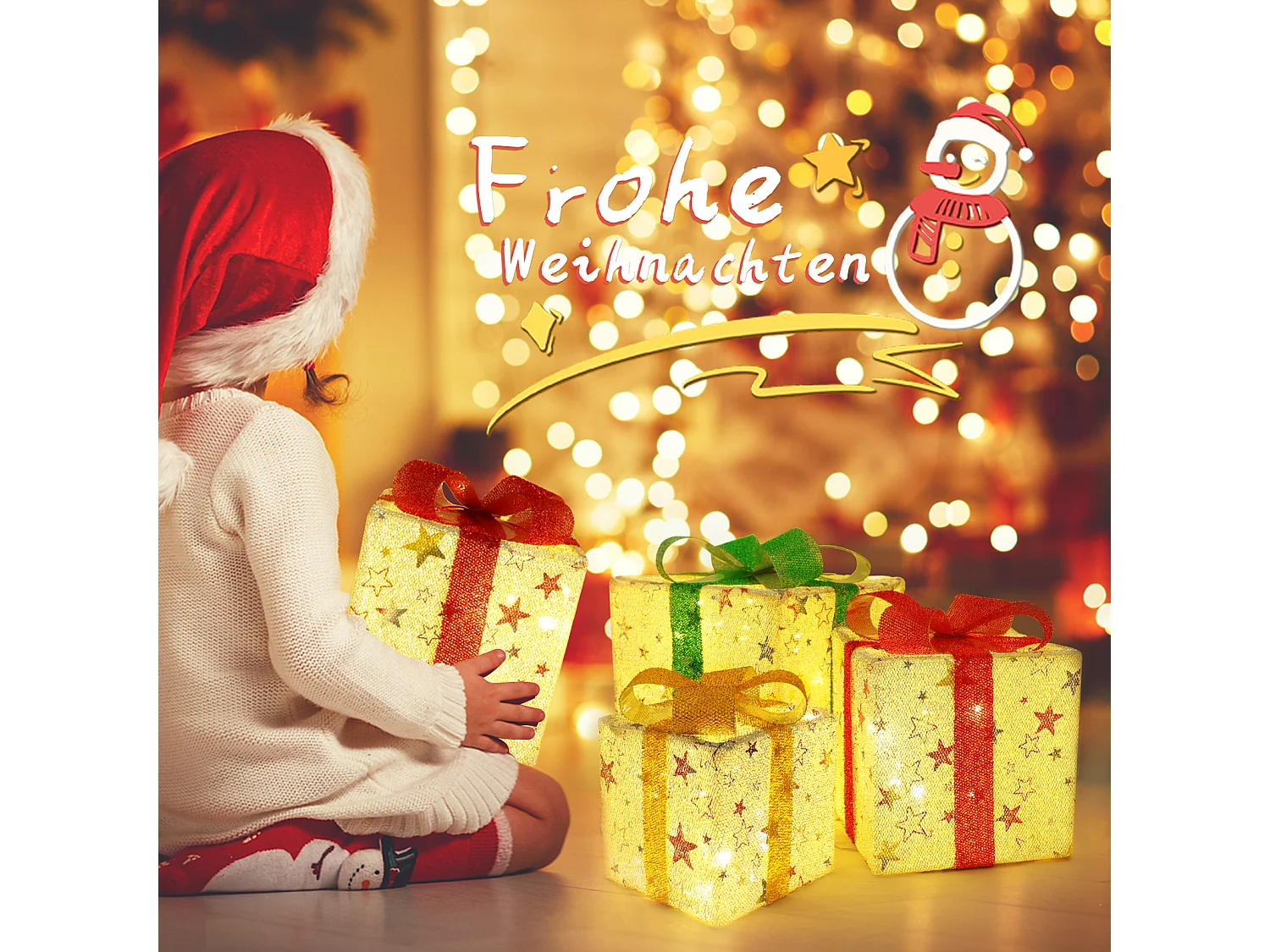 NETTLIFE Coffret cadeau LED décoration de Noël : lot de 3 boîtes de Noël à l'intérieur avec télécommande poinsettia illuminé batterie 50 LED