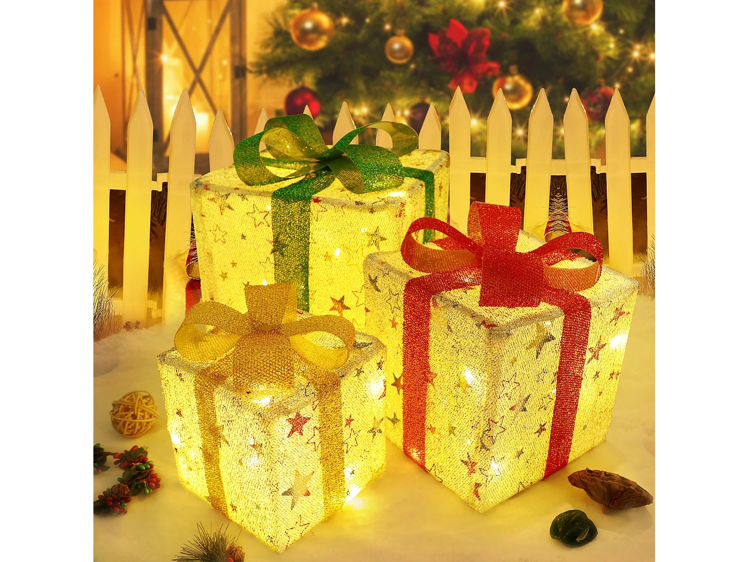 NETTLIFE Geschenkset kerst LED decoratie: set van 3 kerstdozen binnen met afstandsbediening verlichte poinsettia batterij 50 LED