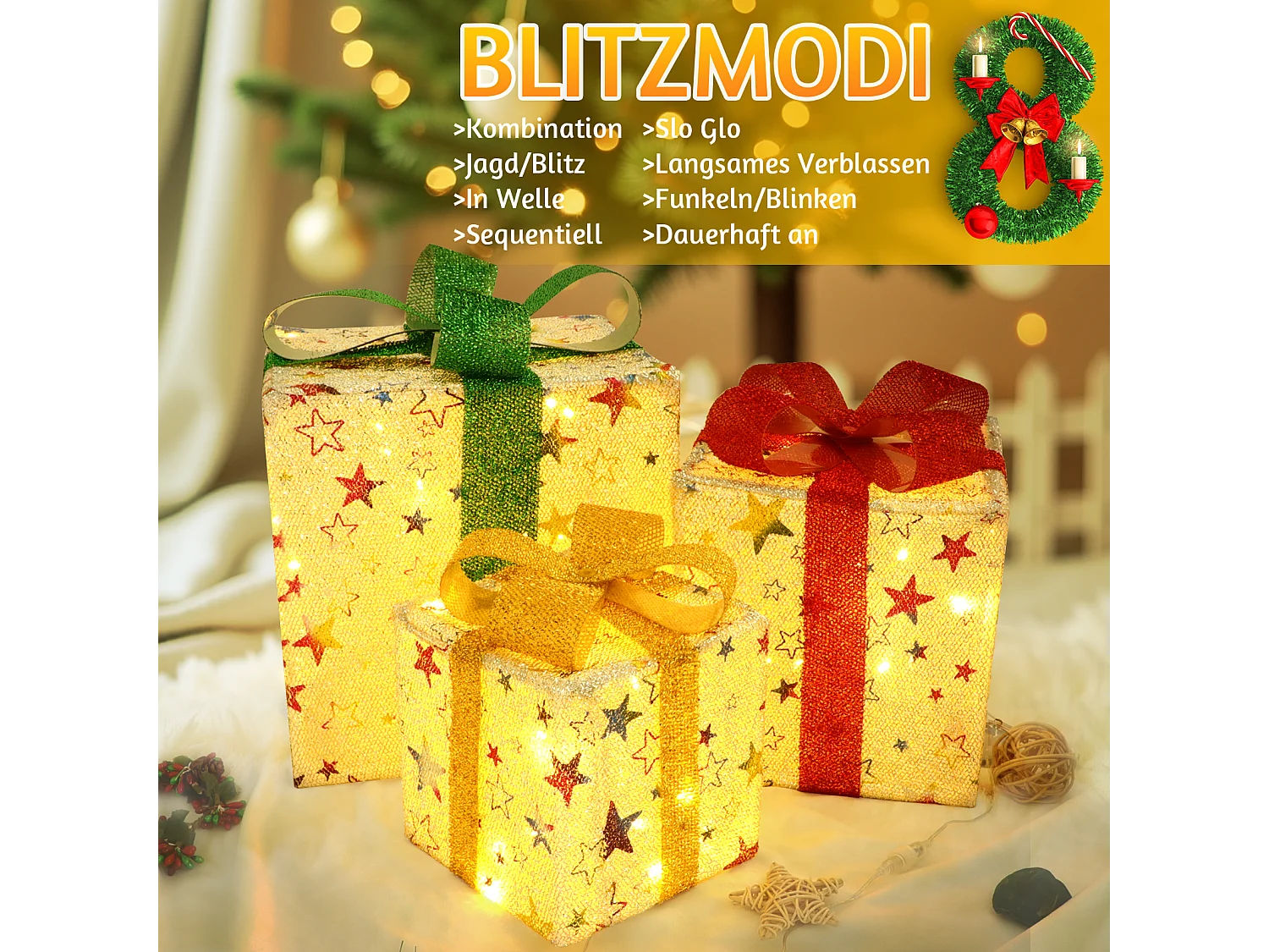 NETTLIFE Geschenkset kerst LED decoratie: set van 3 kerstdozen binnen met afstandsbediening verlichte poinsettia batterij 50 LED