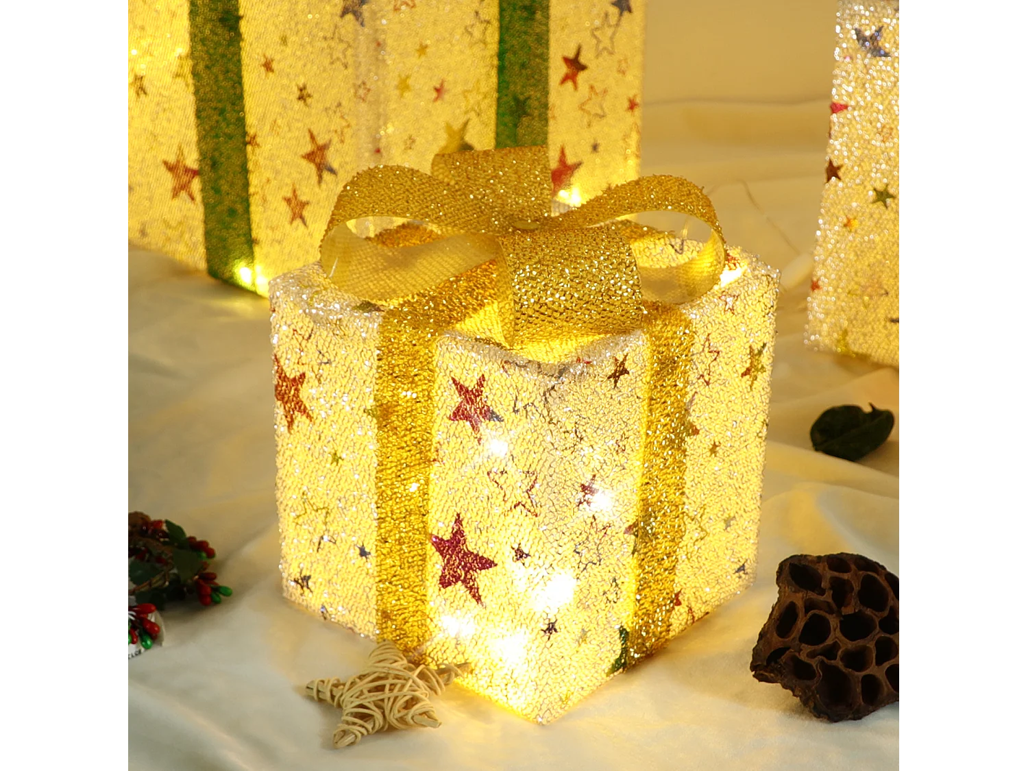 NETTLIFE Geschenkset kerst LED decoratie: set van 3 kerstdozen binnen met afstandsbediening verlichte poinsettia batterij 50 LED