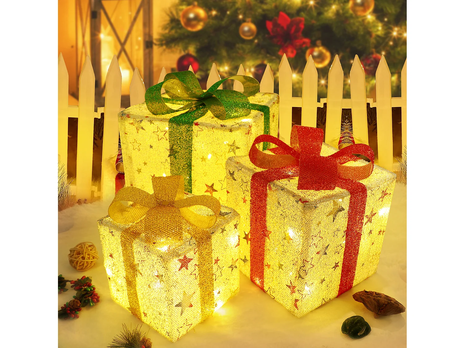 NETTLIFE Coffret cadeau LED décoration de Noël : lot de 3 boîtes de Noël à l'intérieur avec télécommande poinsettia illuminé batterie 50 LED