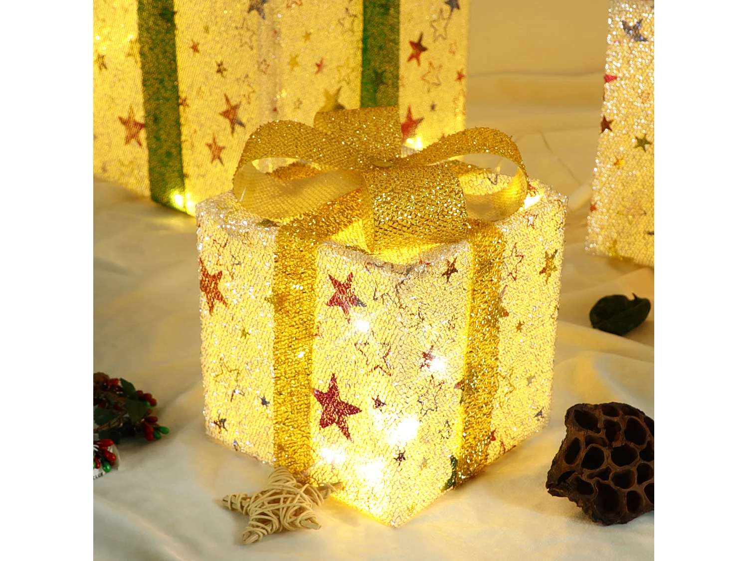 NETTLIFE Coffret cadeau LED décoration de Noël : lot de 3 boîtes de Noël à l'intérieur avec télécommande poinsettia illuminé batterie 50 LED