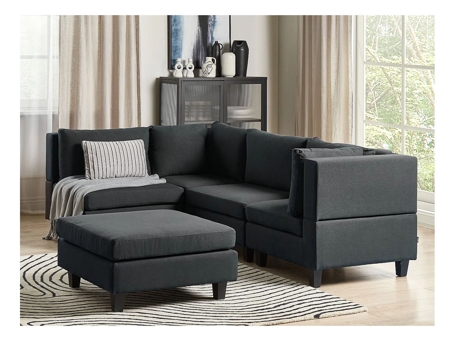 Modul Ecksofa UNSTAD Stoff Schwarz mit Ottomane 4-Sitzer rechtsseitig
