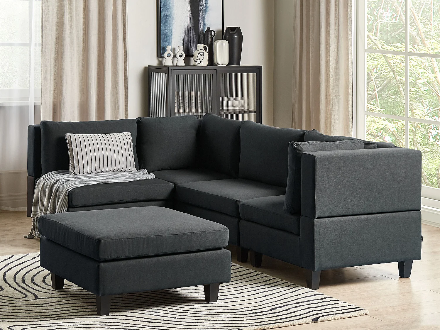 Canapé d'angle modulable UNSTAD Tissu Noir avec ottoman 4 places Côté droit