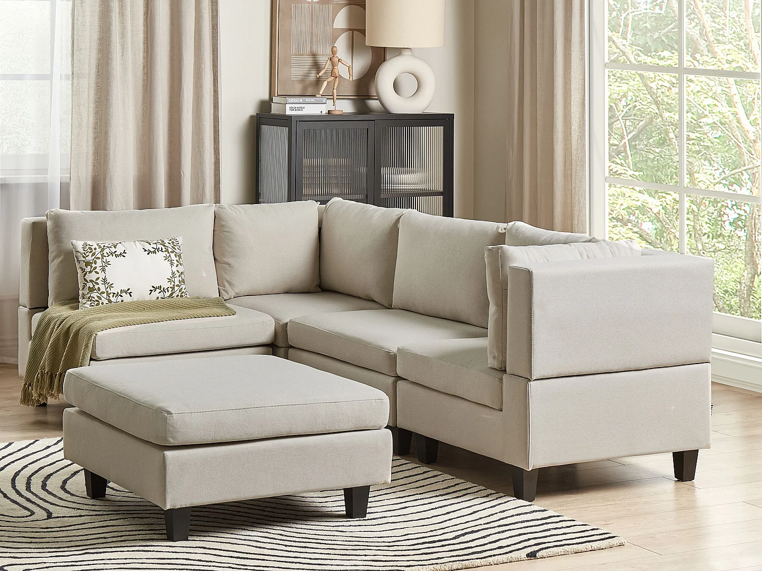 Canapé d'angle modulable UNSTAD Tissu Beige clair avec ottoman 4 places Côté droit