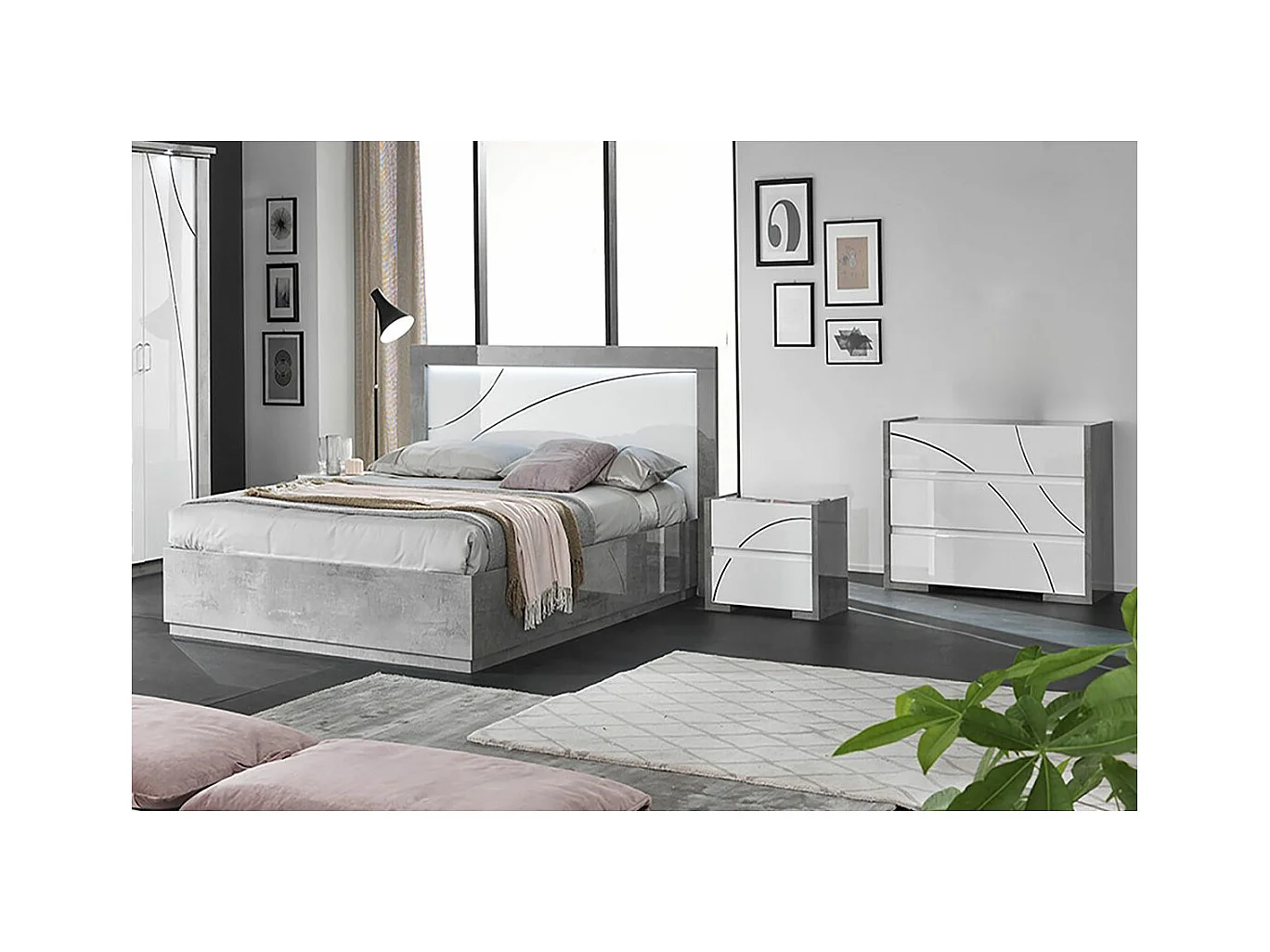 Chambre 160x200cm Blanche et Gris Béton Lit-Coffre avec Leds + 2 Chevets + Commode - LINEAL