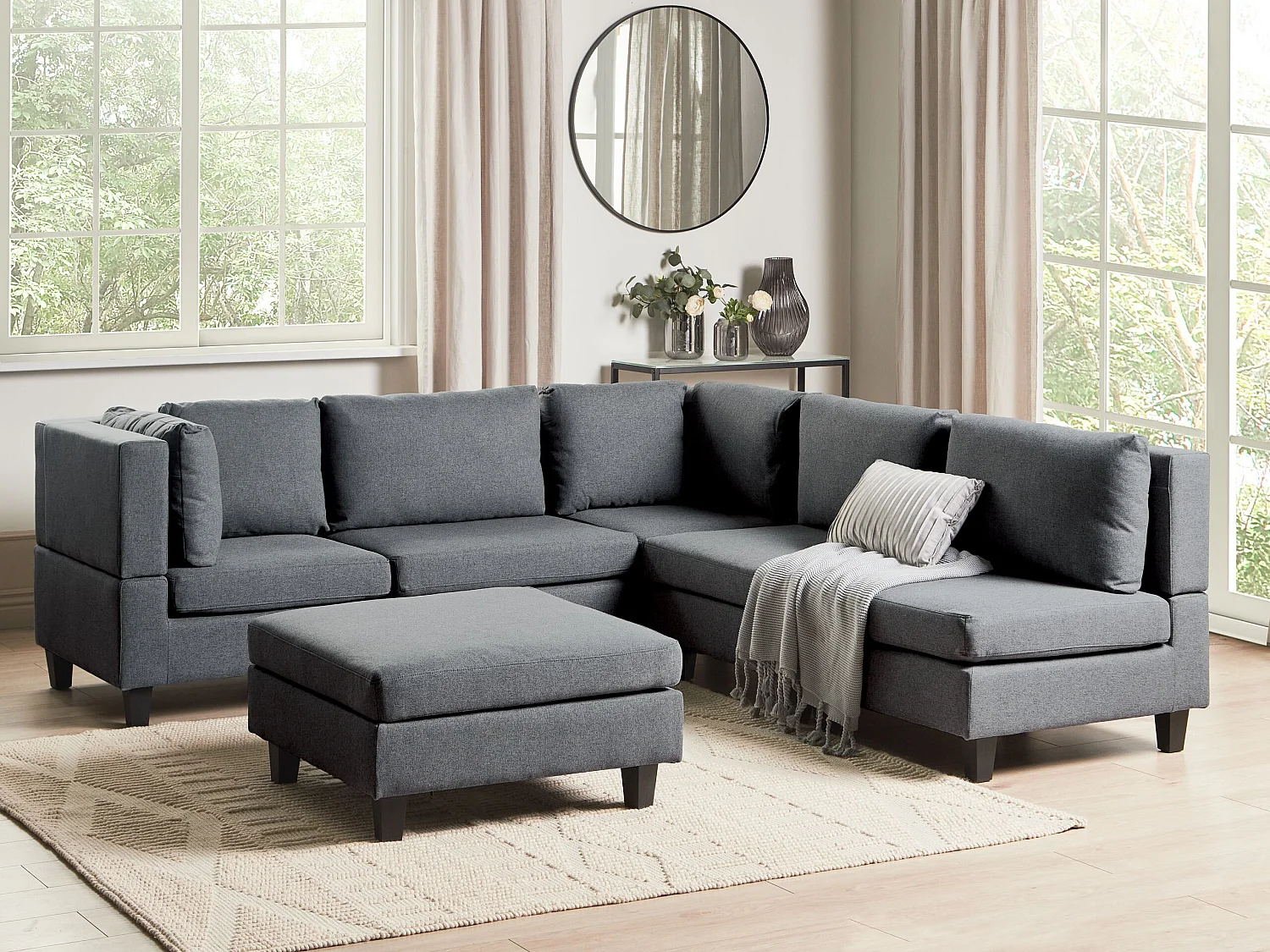 Modul Ecksofa UNSTAD Stoff Dunkelgrau mit Ottomane 5-Sitzer rechtsseitig