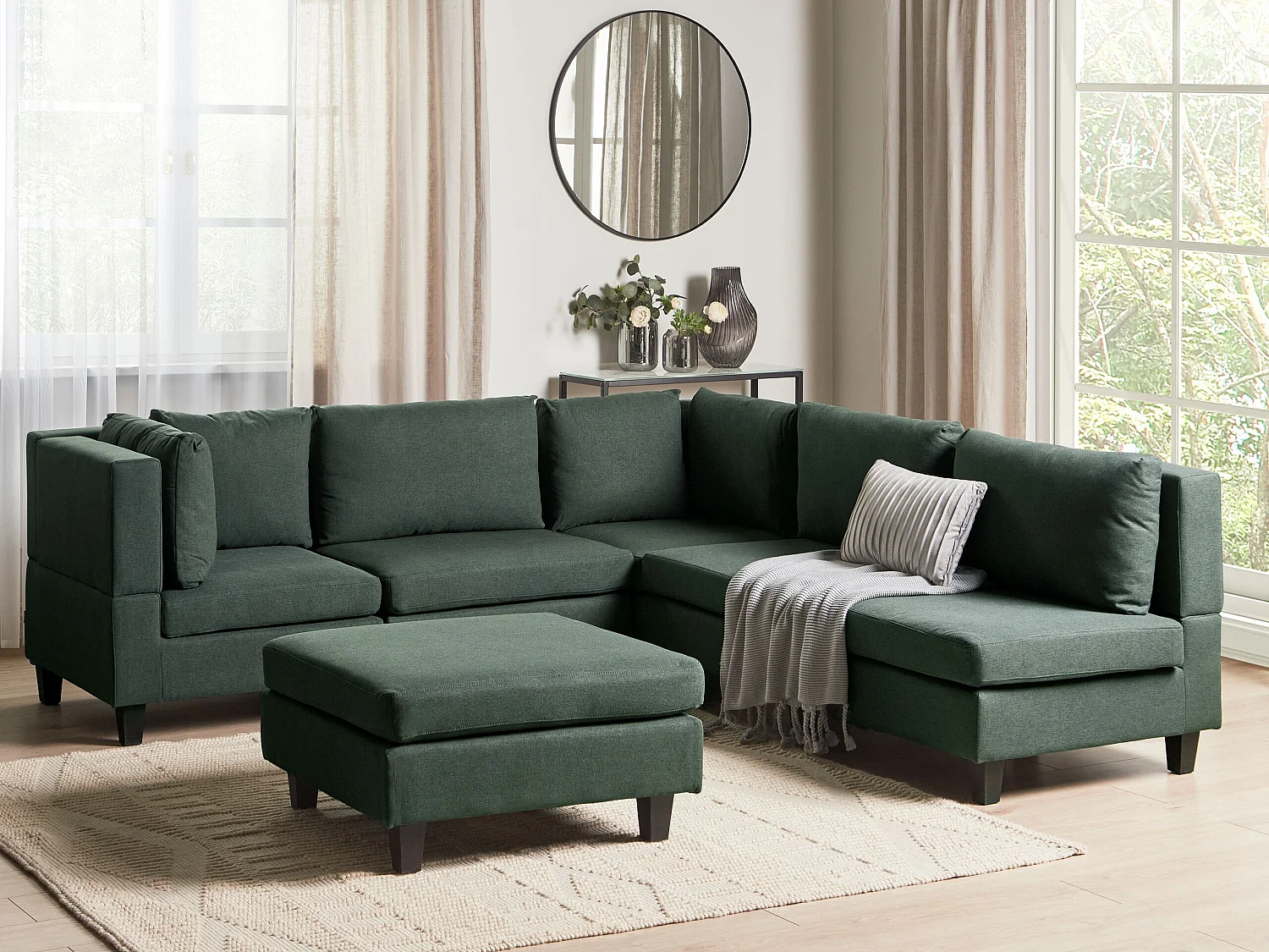Canapé d'angle modulable UNSTAD Tissu Vert foncé avec ottoman 5 places Côté droit