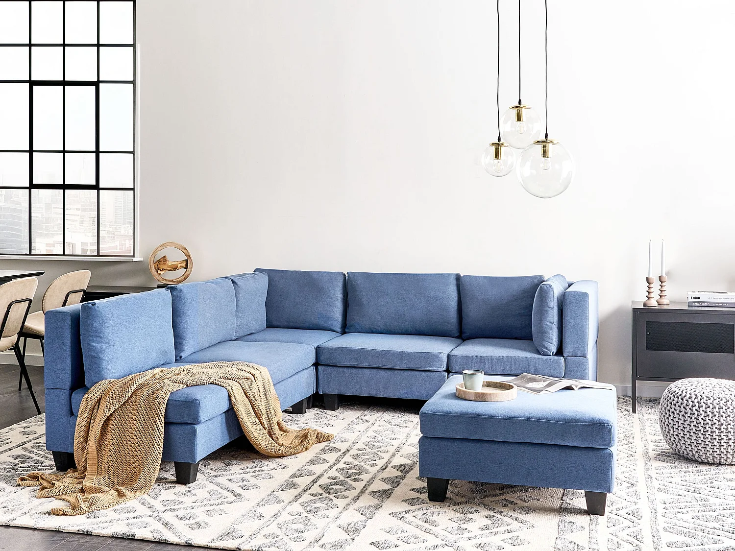 Canapé d'angle modulable 5 places UNSTAD Tissu Bleu Côté droit