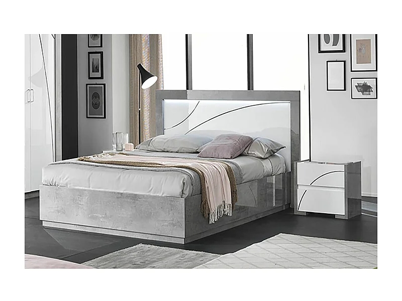 LINEAL - Ensemble Lit-Coffre 160x200cm avec Leds + 2 Chevets Laqués Blanc et Gris Béton