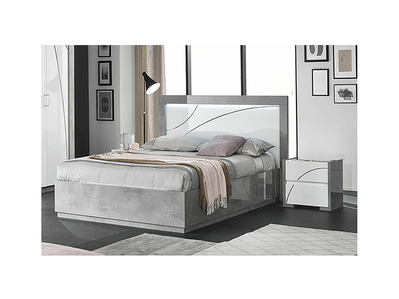 Ensemble Lit-Coffre 160x200cm avec Leds + 2 Chevets Laqués Blanc et Gris Béton - LINEAL