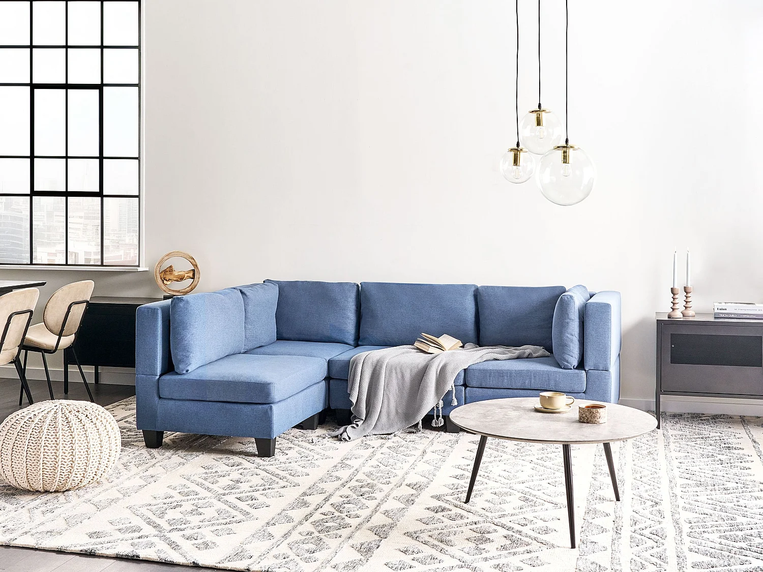 Canapé d'angle modulable 4 places UNSTAD Tissu Bleu Côté droit