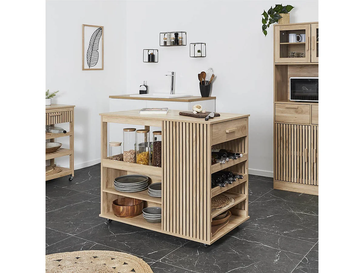 PAJAN - Ilot de Cuisine Multi-Rangement Effet Bois avec Tasseaux
