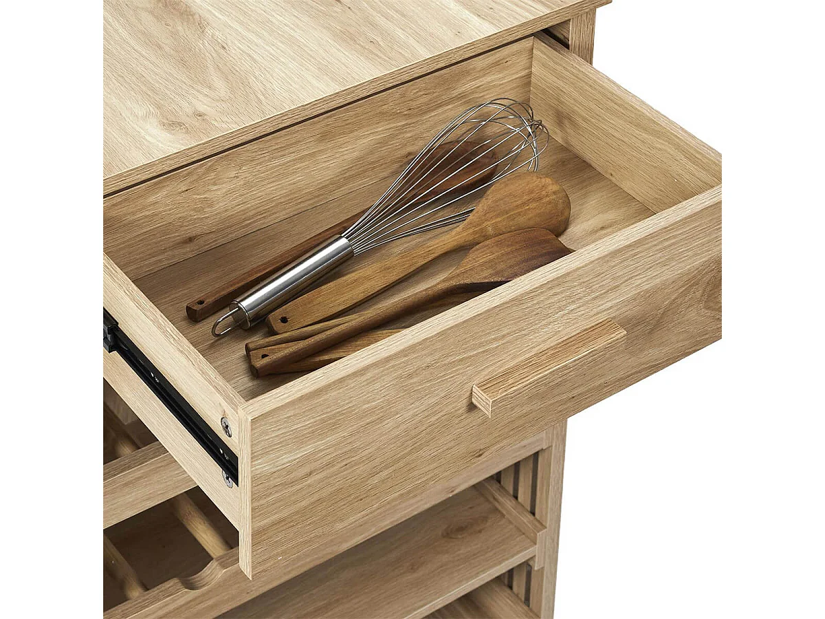 PAJAN - Ilot de Cuisine Multi-Rangement Effet Bois avec Tasseaux