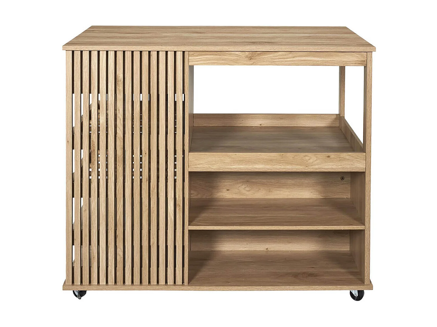 PAJAN - Ilot de Cuisine Multi-Rangement Effet Bois avec Tasseaux