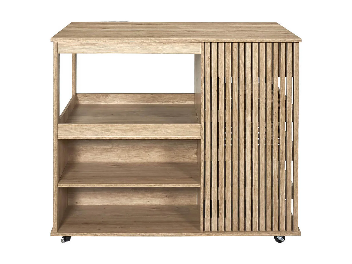 PAJAN - Ilot de Cuisine Multi-Rangement Effet Bois avec Tasseaux