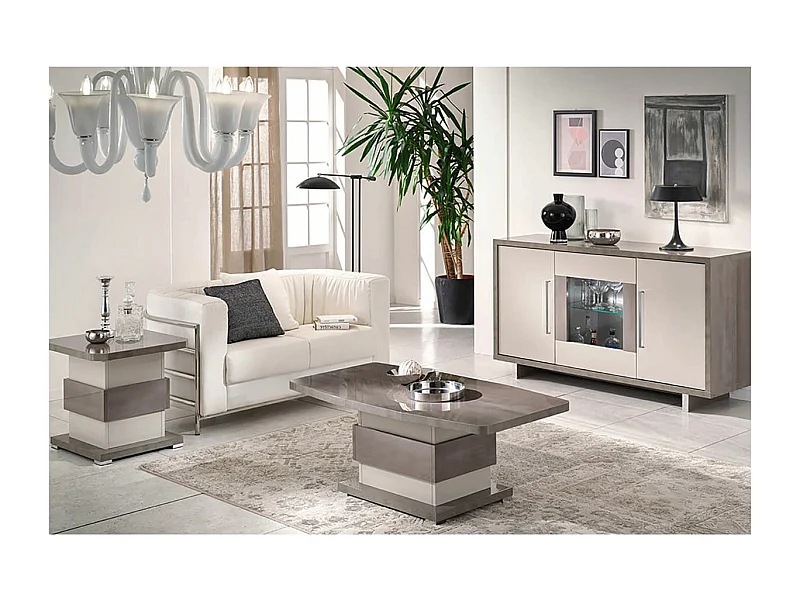 AUXANE - Ensemble Table Basse + Table d'Appoint + Buffet 3P Led Gris Metallisé et Mat