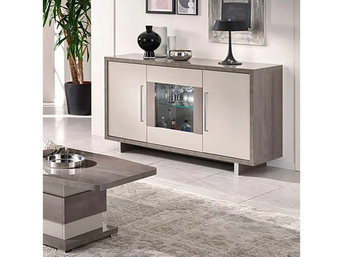 AUXANE - Ensemble Table Basse + Table d'Appoint + Buffet 3P Led Gris Metallisé et Mat