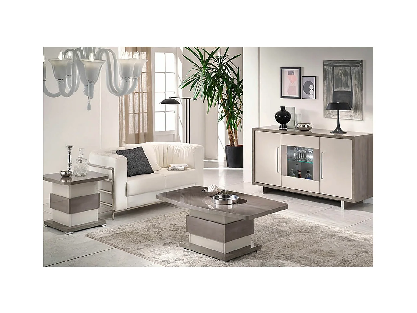 AUXANE - Ensemble Table Basse + Table d'Appoint + Buffet 3P Led Gris Metallisé et Mat