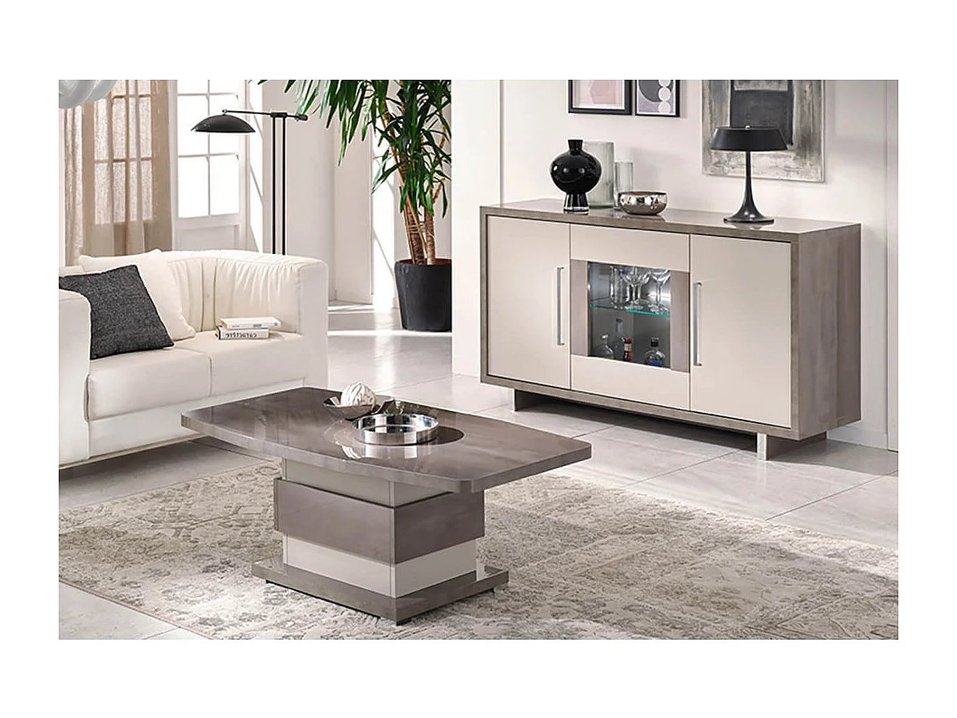 AUXANE - Ensemble Table Basse + Buffet 3 Portes Led Gris Metallisé et Mat