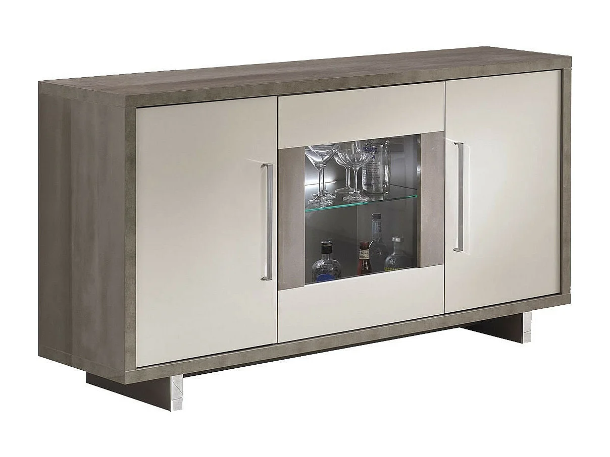 AUXANE - Ensemble Table Basse + Buffet 3 Portes Led Gris Metallisé et Mat