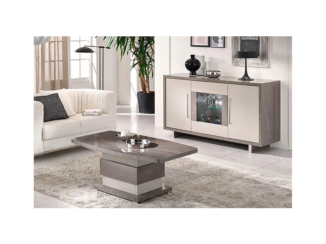 AUXANE - Ensemble Table Basse + Buffet 3 Portes Led Gris Metallisé et Mat