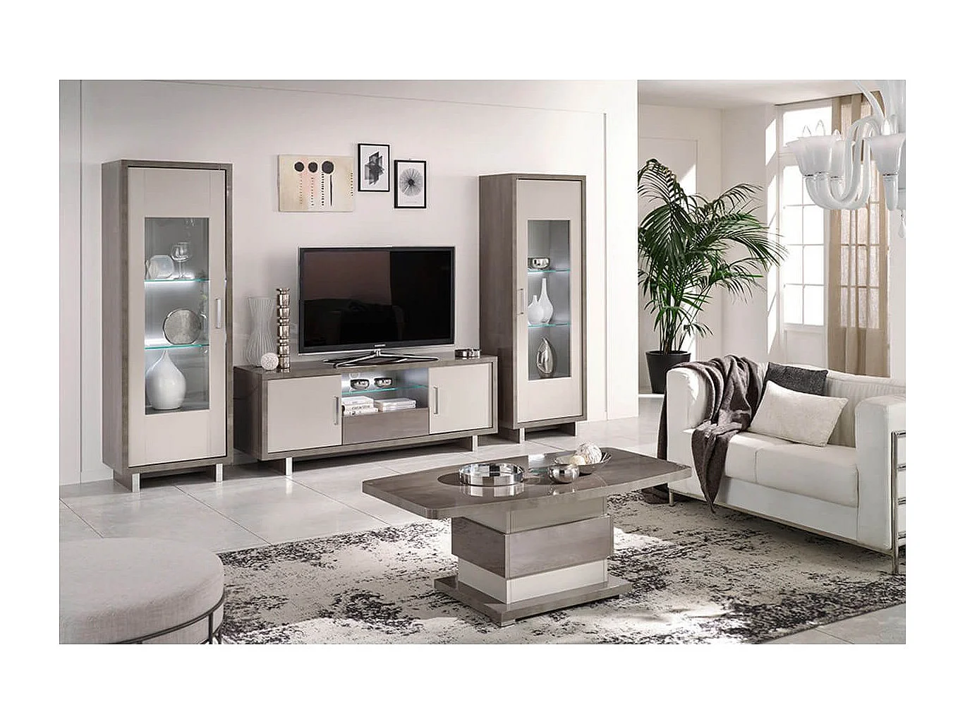 AUXANE - Pack Salon Meuble TV Led + Table Basse + 2 Vitrines Led Gris Metallisé et Mat