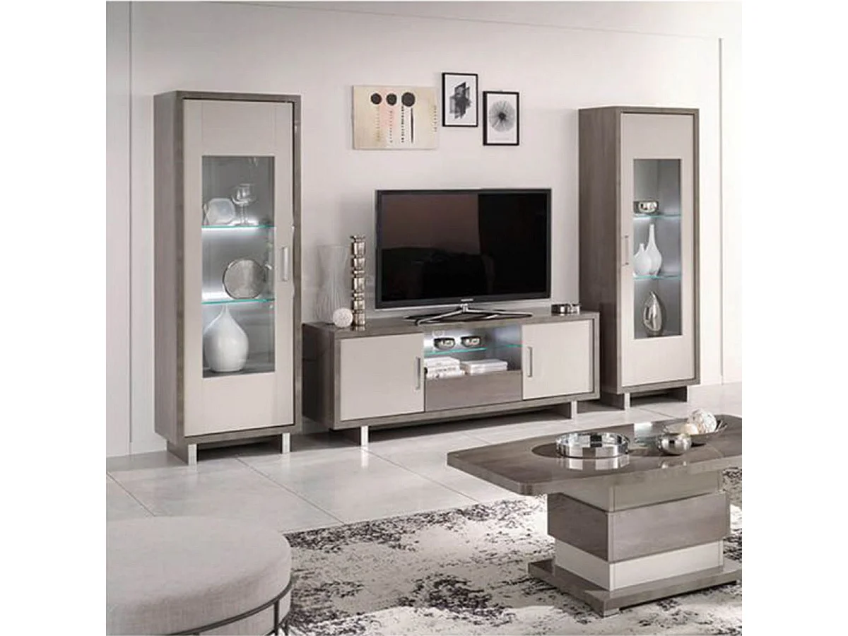 AUXANE - Pack Salon Meuble TV Led + Table Basse + 2 Vitrines Led Gris Metallisé et Mat