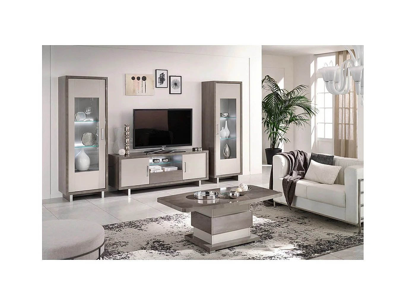 AUXANE - Pack Salon Meuble TV Led + Table Basse + 2 Vitrines Led Gris Metallisé et Mat