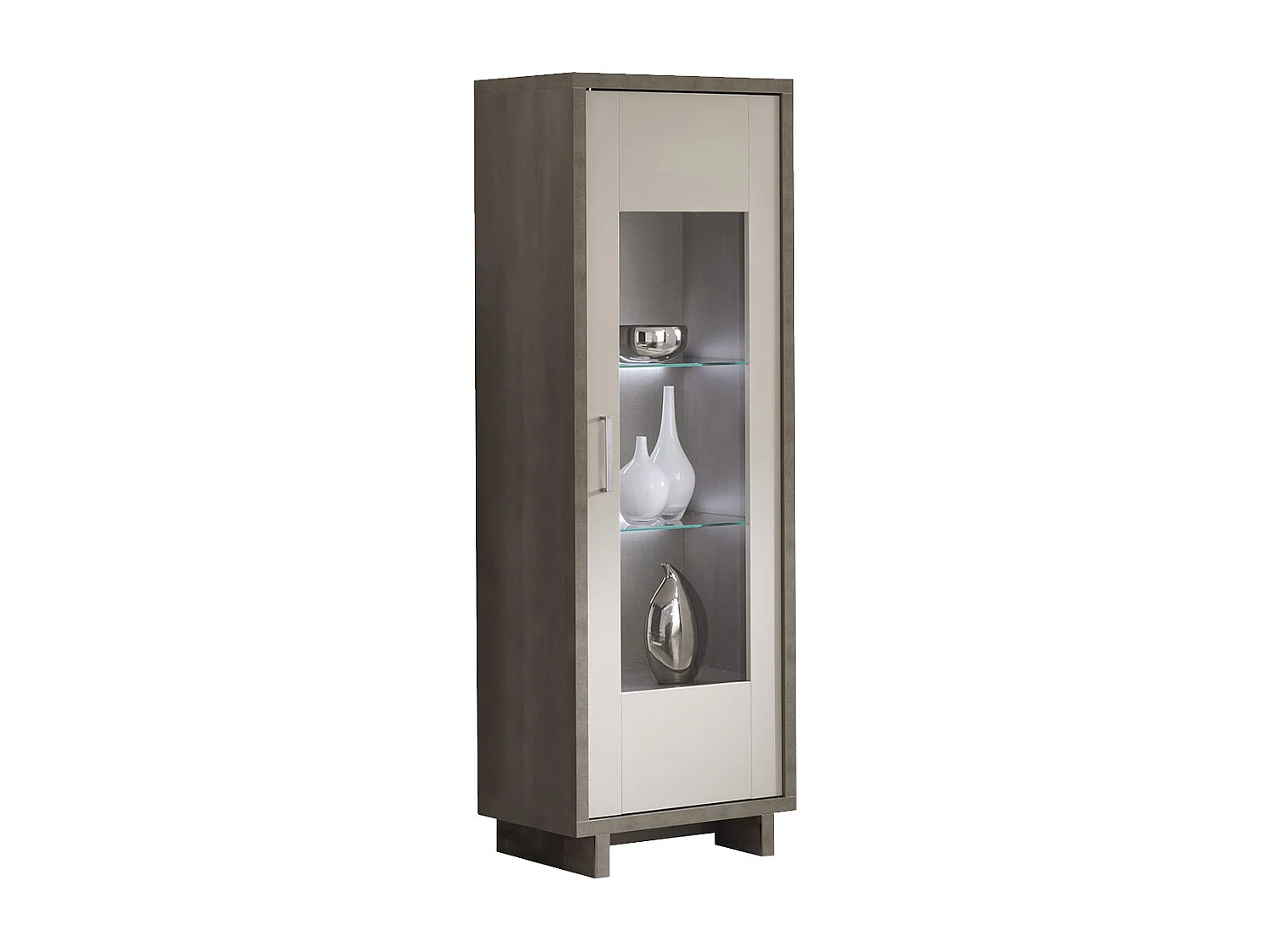 AUXANE - Pack Salon Meuble TV Led + Table Basse + 2 Vitrines Led Gris Metallisé et Mat