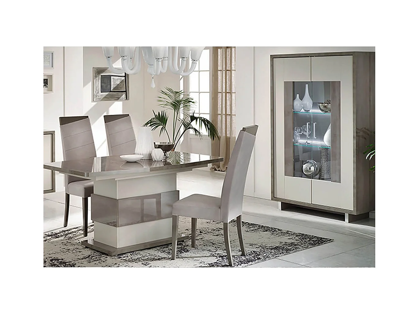 AUXANE - Pack Séjour Table Allongeable + Vitrine 2 Portes Led Gris Metallisé et Mat