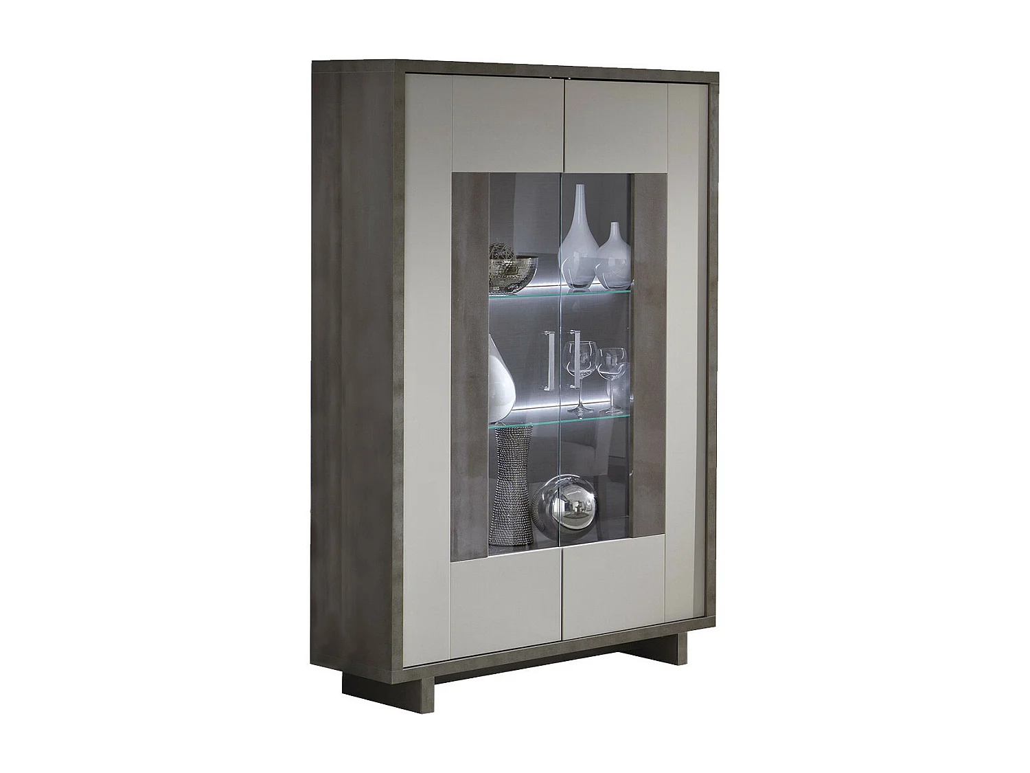 AUXANE - Pack Séjour Table Allongeable + Vitrine 2 Portes Led Gris Metallisé et Mat