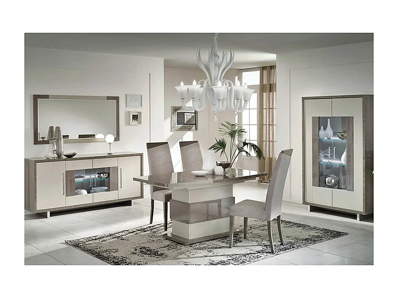 AUXANE - Pack Séjour Table Allongeable + Buffet 4P + Vitrine 2P Gris Metallisé et Mat